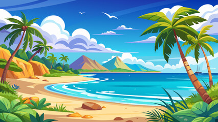 Obraz premium Paradise island beach. Tropical landscape of summer panorama sunny sea sand sky palm trees. Luxury travel vacation destination. Exotic beach landscape. Amazing nature relax tranquil panoramic .Very be
