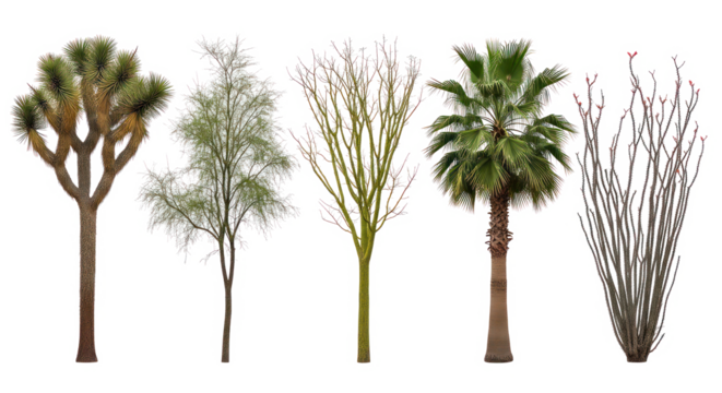 Desert trees and plants isolated on transparent background – joshua tree, palo verde, ocotillo, palm, mesquite
