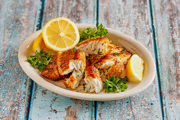 whiskey glazed, cast iron seared fish fillets with fresh lemon and parsley