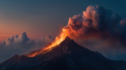 Fototapeta premium Fiery Mountain's Fury: A dramatic panorama captures an active volcano erupting with molten fire and billowing smoke, set against a twilight sky, demonstrating the raw power and geological force.