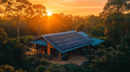 A modern house with solar panels on the roof surrounded by trees at sunset in a peaceful forest setting.