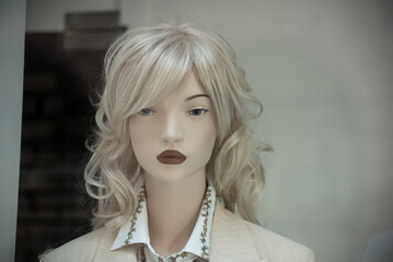 Closeup of blond  hair mannequin in a women fashion store showroom