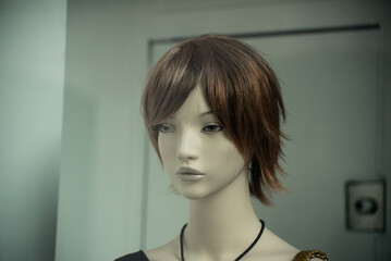 Closeup of brown hair mannequin in a women fashion store showroom