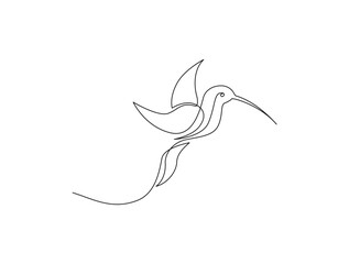 Fototapeta premium Flying hummingbird in single line draw illustration. Continuous one line drawing of colibri. Editable stroke.