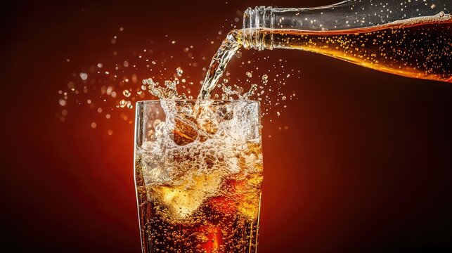 Refreshing Beverage Pouring into Glass with Bubbles and Splashes Captured in Dynamic Close-up Shot Against Dark Background