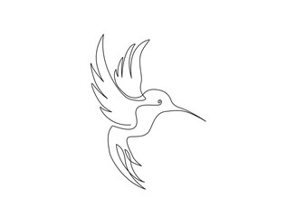 Fototapeta premium Flying hummingbird in single line draw illustration. Continuous one line drawing of colibri. Editable stroke.
