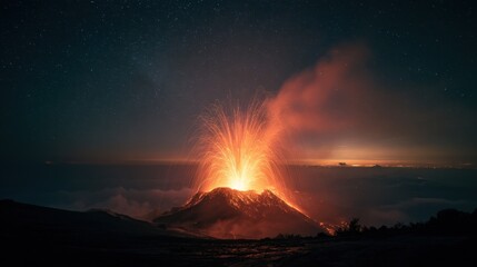 Volcanic Eruption at Night: A breathtaking display of nature's raw power, with molten lava erupting dramatically from a volcano, painting the night sky with fiery hues and radiant light.