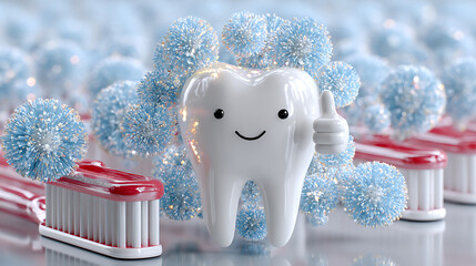 Promoting dental health cheerful tooth mascot dental clinic 3d illustration clean environment eye-level view health awareness