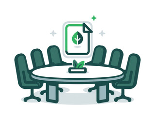 2d icon representing 'a shareholder proposal for esg change', with a simple document icon that has a green leaf on it being submitted to a boardroom table, minimalist design