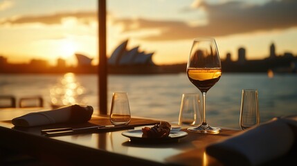 Gourmet cuisine and a glass of perfectly aged wine are elevated by the breathtaking scenery of Sydney Harbour, bathed in golden sunlight.