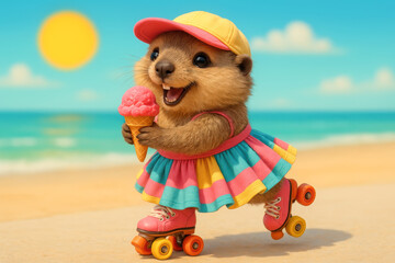 Groundhog Roller Skating at the Beach in Colorful Summer Dress Holding Ice Cream Cone