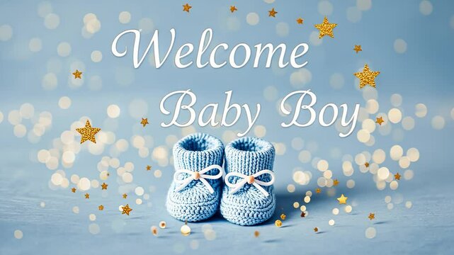 Charming baby boy announcement with blue booties and glowing golden stars