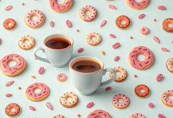 Charming coffee cup and donut pattern, whimsical pastel colors, sweet treats background, background, delicious