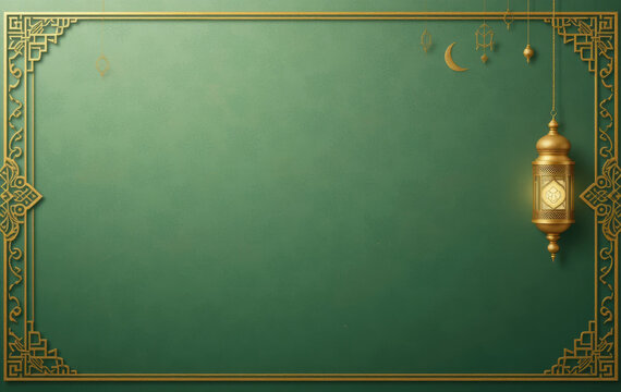 Green Islamic Frame with Gold Lantern and Crescent