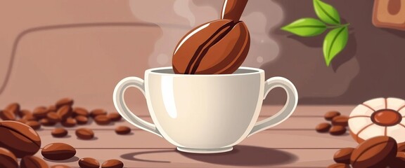Obraz premium Cartoon illustration of a large coffee bean being poured into a cup , coffee shop, morning