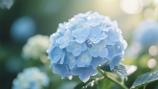 Closeup of a blue hydrangea flower with water droplets