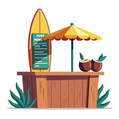 Obraz premium Beach surf shop, menu and coconuts, summer vacation, with space for copy