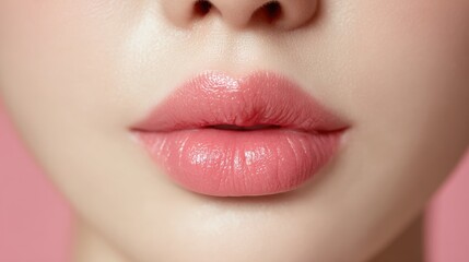Naklejka premium Soft Lips: A close-up shot of full, soft lips, showcasing their natural beauty and highlighting the delicate texture and subtle sheen.