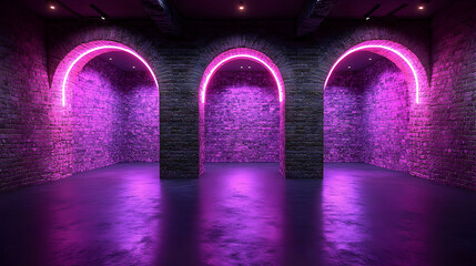 Glowing arches in a dimly lit brick hall, purple neon reflecting on the polished floor creates an alluring visual space