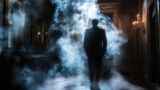 In a dim room filled with swirling smoke, a man stands still, the smoke adding depth to the atmospheric backdrop that enhances the mysterious vibe.
