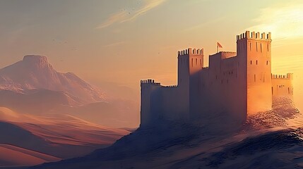 Obraz premium Majestic castle stands guard over a desert landscape at sunrise.