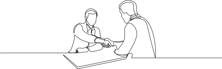 Job interview - vector modern simple one continuous line design composition with recruiter and candidate. Minimalist illustration of people shaking hand sketch in black linear sketch isolated on white