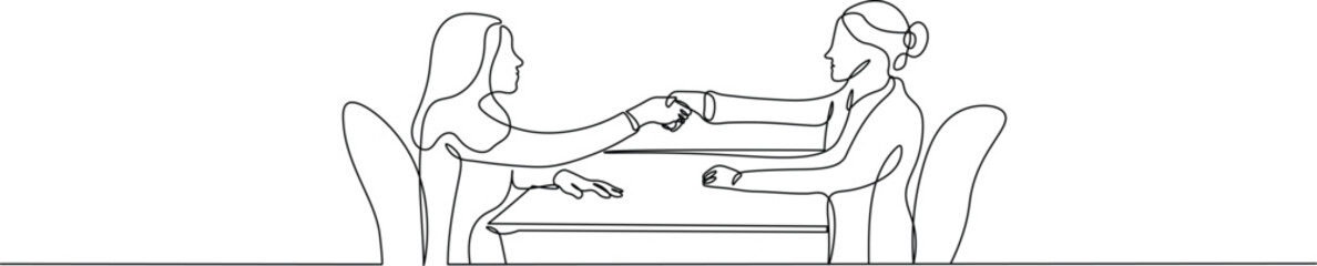 Job interview - vector modern simple one continuous line design composition with recruiter and candidate. Minimalist illustration of people shaking hand sketch in black linear sketch isolated on white