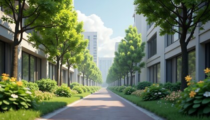 Modern Urban Green Space with Tree-lined Pathway and Flowering Bushes in Residential Area