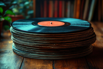 Stack of vinyl records on wooden table.