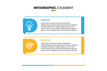 Two-step infographic with icons: Step 1 (idea) and Step 2 (goal), showing a simple process from concept to target. Placeholder text included