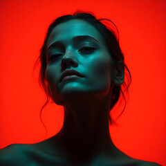 Dramatic Portrait of Woman in Turquoise Light Against a Vibrant Red Backdrop for Wall Art