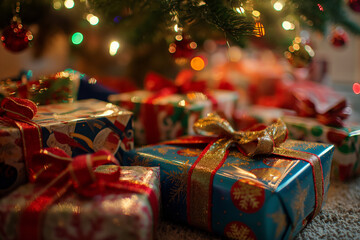 New Year's gifts under the tree in dark colors