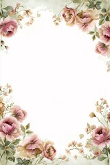 Beautiful floral frame design with pink flowers and greenery, perfect for invitations or greeting cards.