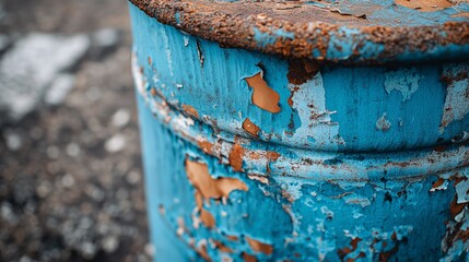 Obraz premium Macro close-up of a corroded chemical waste barrel with peeling blue paint, rust patches, and leaking stains on ground, photographed at ground level with soft daylight, 100% realistic