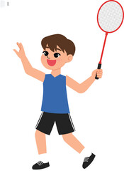 smile boy character playing badminton, children athletic hitting a shuttlecock , game day, sport competition illustration