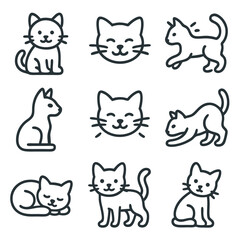 Cat nine adorable line drawings depict cute simple kitty cats.