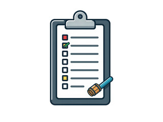 2d icon of a cargo manifest, with a simple clipboard that has a long list and small icons of a box, a barrel, and a container, minimalist design, solid gray and assorted colors, clean sharp lines