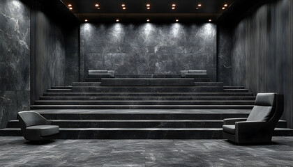 Gray marble steps ascending to a darker, shadowed background, flanked by chairs