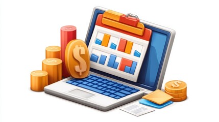 Laptop with Financial Charts and Growing Stacks of Gold Coins Illustrating Business Success