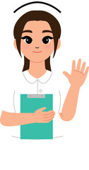 Obraz premium cute nurse character with white uniform hold clipboard, smile female hospital staff raising hand illustration 