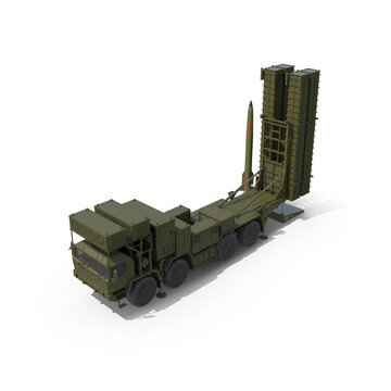 Mobile Air Defense System G03 and G04 with Missile Surface-to-Air Rocket Launcher Vehicle, isolated on a white background, 3D Render. Anti-aircraft military vehicle