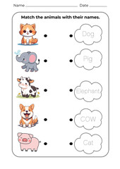 Worksheet Match the animals, kids, school