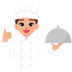 smile man wear chef uniform thumbs up, happy chef character hold with serving tray with lid illustration