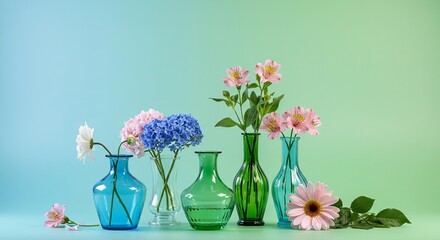Still life of assorted flowers in various colorful vases against a gradient blue to green background.