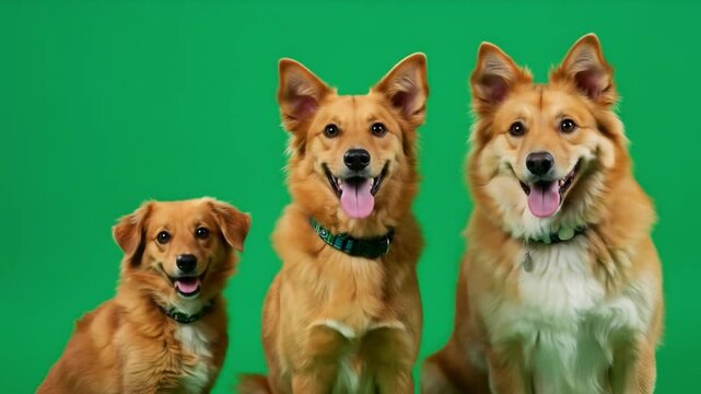A group of diverse happy dogs, including a Rottweiler, smiling and looking at the camera in a park.