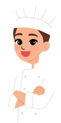 smile man wear chef uniform confident, happy chef character cross arm over chest illustration