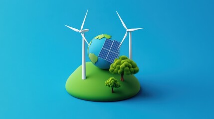 Obraz premium Sustainable Energy Wind Turbines, Solar Panels, and Green Earth on an Island