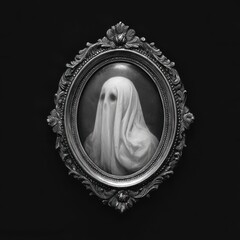 Victorian cameo portrait of a ghost, ornate frame, monochrome style