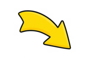 Cartoon style yellow curved arrow pointing down and right with black outline on a transparent background