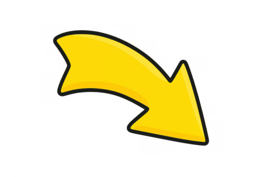 Cartoon style yellow curved arrow pointing down and right with black outline on a transparent background